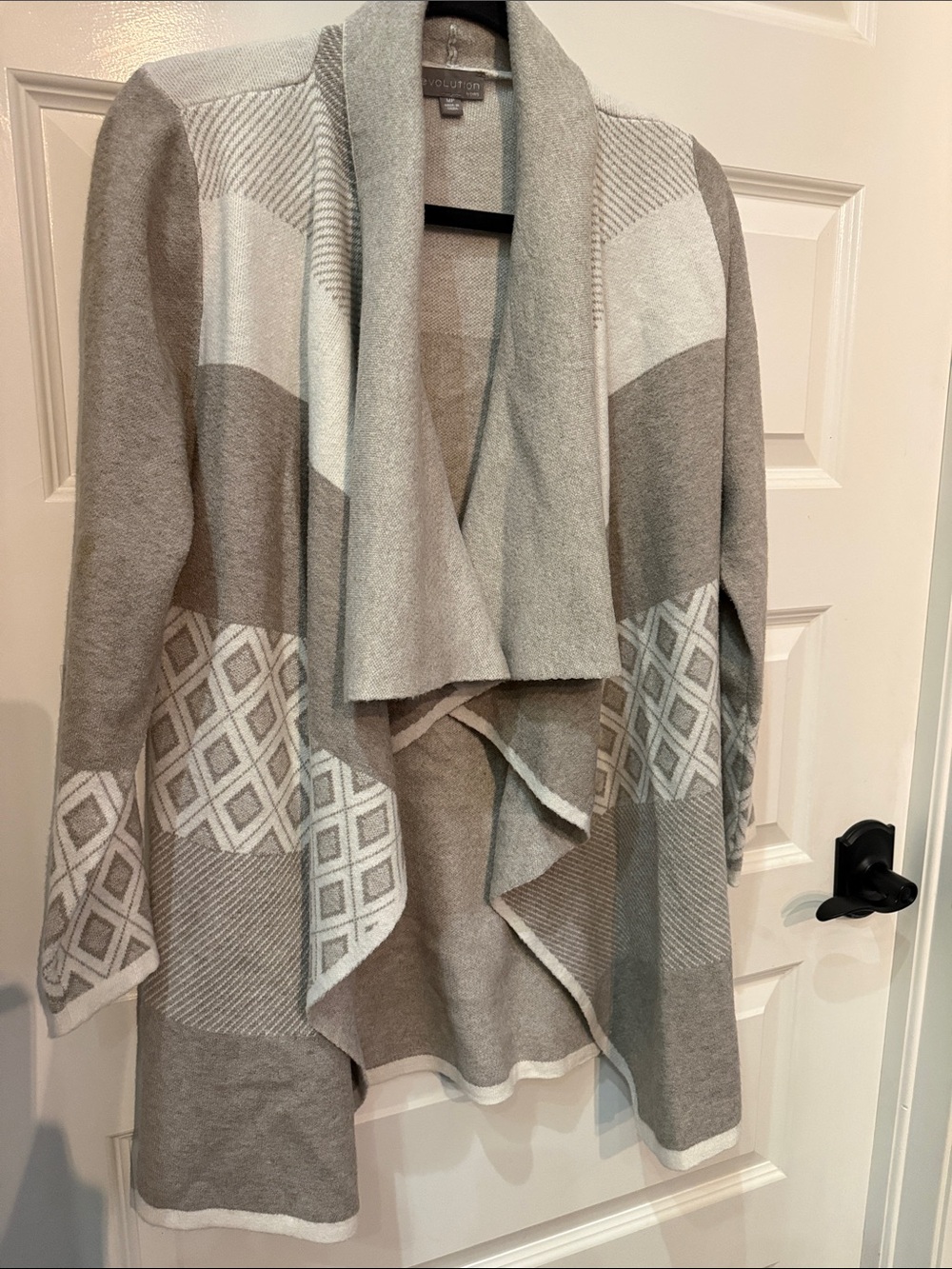 Open-Front Geometric Knit Cardigan - Gray & Cream